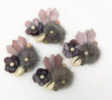 Hand Embroidered Metallic Grey Applique With Cowrie Shell, Sequins,Pearl and Feather Pom Pom